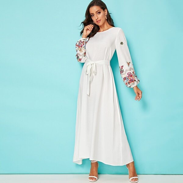 

Embroidered Lantern Sleeve Self Belted Dress, White