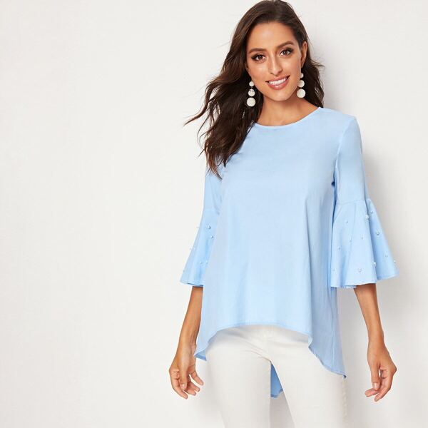 

Pearl Beaded Bell Sleeve Dip Hem Top, Blue pastel