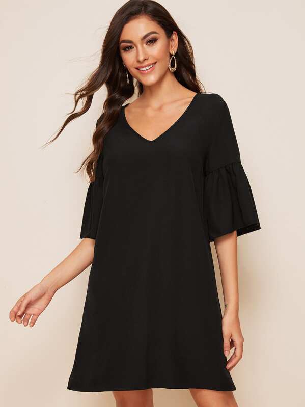

V-neck Flounce Sleeve Solid Dress, Black, Carol A