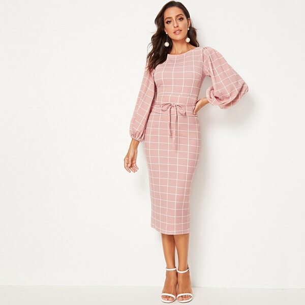 

Lantern Sleeve Corset Waist Grid Pencil Dress, Pink pastel