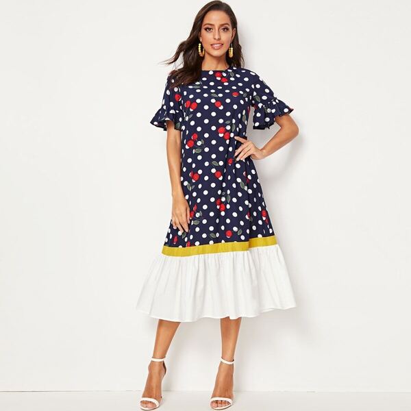 

Cherry and Dot Print Ruffle Trim Colorblock Dress, Navy