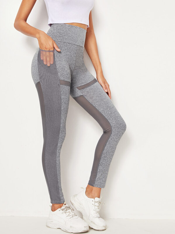 

Wide Band Waist Mesh Panel Marled Leggings, Grey, Mary P.