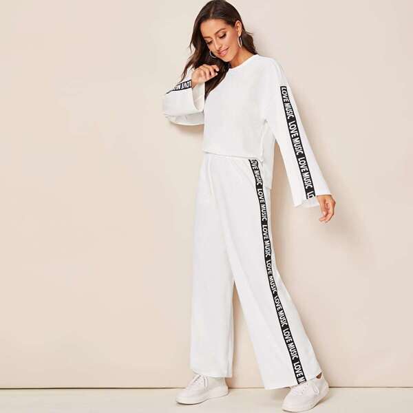 

Letter Tape Stepped Hem Top and Wide Leg Pants Set, White