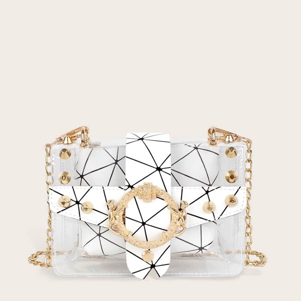 

Studded Decor Geometric Print Chain Bag