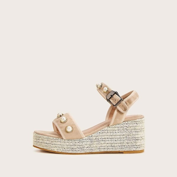 

Faux Pearl Decor Buckle Strap Wedges