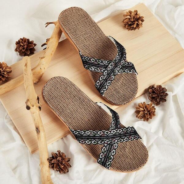 

Contrast Lace Cross Strap Linen Sliders