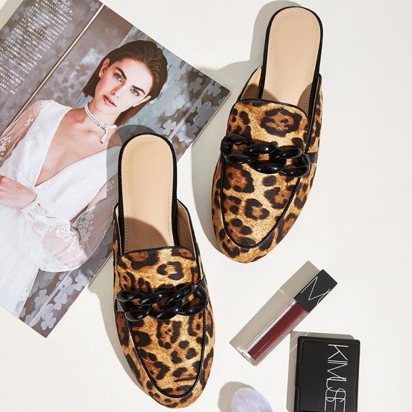 

Chain Decor Leopard Print Flat Mules