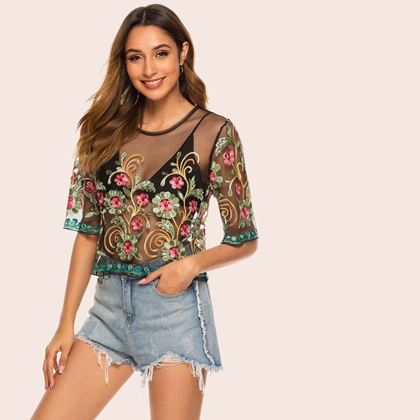 

Embroidery Mesh Sheer Top