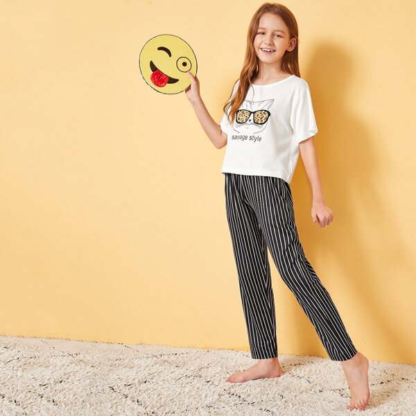 

Girls Cat Print Striped Pajama Set, Multicolor