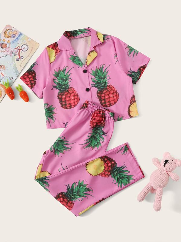 

Girls Pineapple Print Button-up Pajama Set, Pink