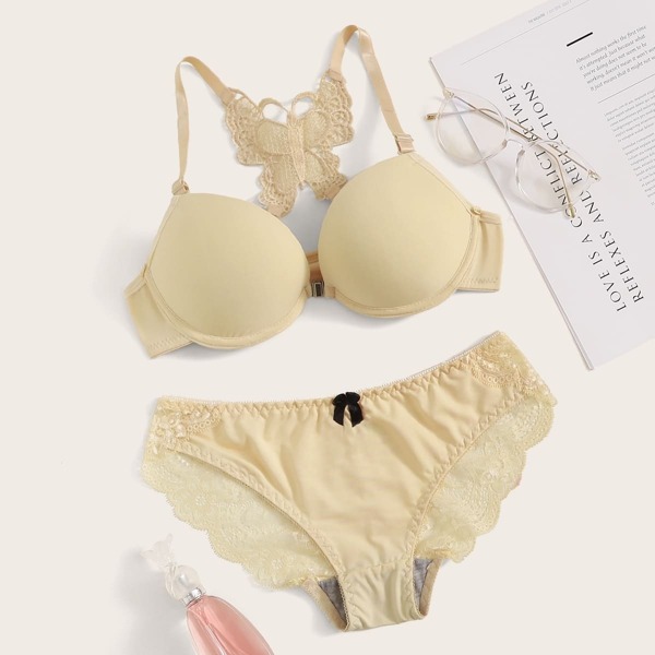 

Floral Lace Cutout Crochet Lingerie Set, Nude