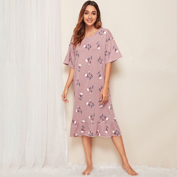 

Floral Print Ruffle Hem Night Dress, Dusty pink