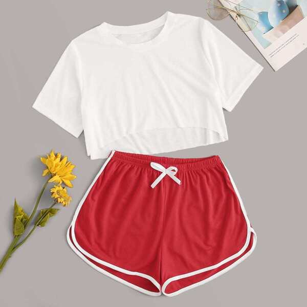 

Crop Top With Contrast Binding Shorts PJ Set
