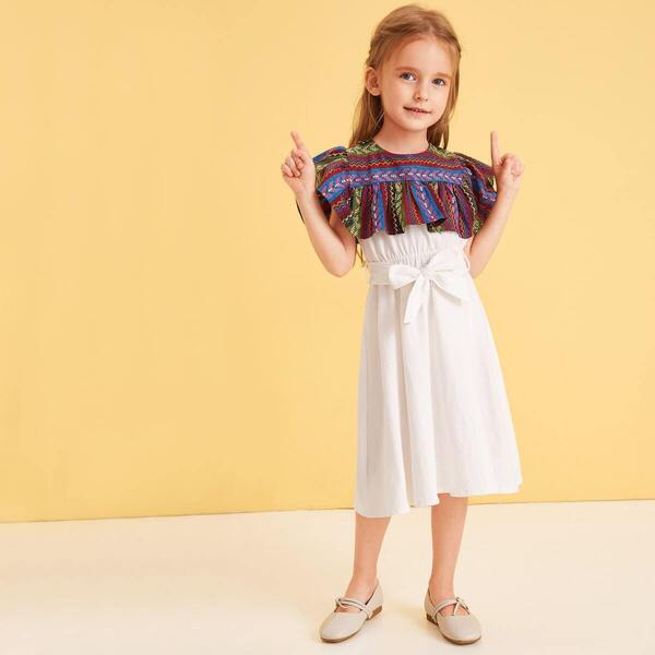 

Toddler Girls Random Tribal Print Ruffle Trim Belted Dress, White