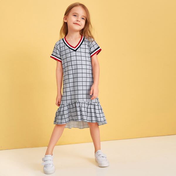 

Toddler Girls Contrast Binding Ruffle Hem Plaid Dress