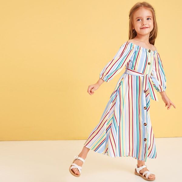 

Toddler Girls Button Through Rainbow Stripe Belted Dress