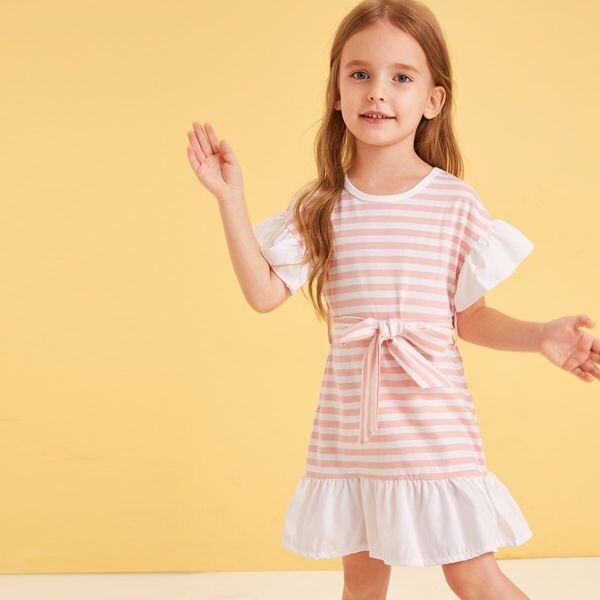 

Toddler Girls Ruffle Hem Stripe Belted Dress, Pink