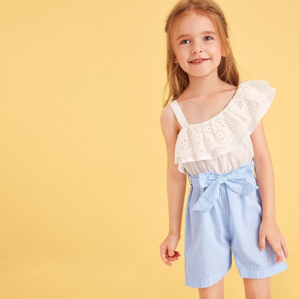 

Toddler Girls Eyelet Embroidery Stripe Belted Romper
