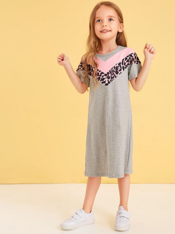 

Toddler Girls Contrast Leopard Print Tee Dress, Grey, Sofia B