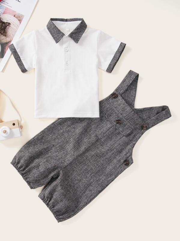 

Baby Boy Contrast Binding Polo Shirt & Overalls, Multicolor