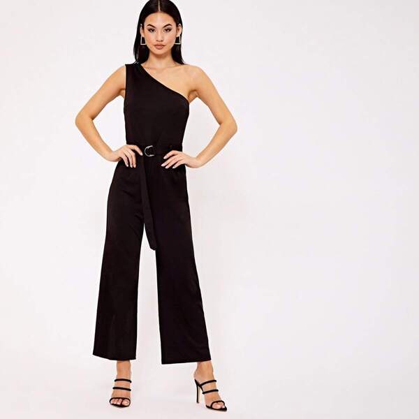 

One Shoulder D-ring Belted Palazzo Jumpsuit, Black