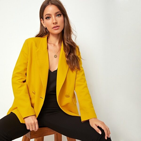 

Solid Double Breasted Notched Blazer, Yellow