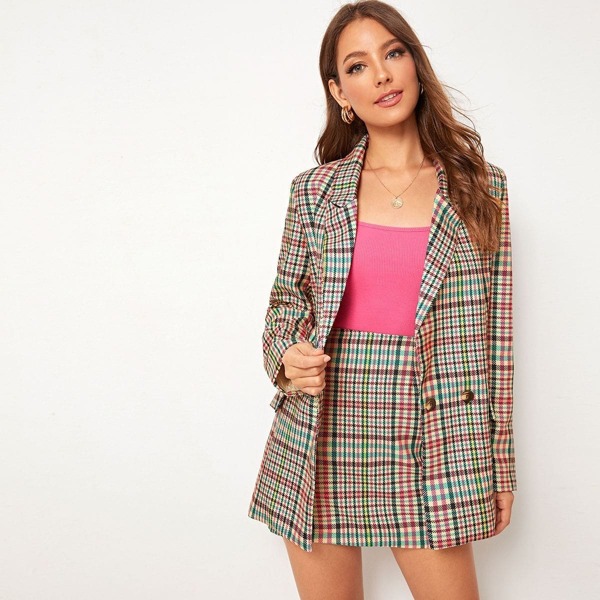 

Plaid Double Breasted Notched Blazer & Skirt Set