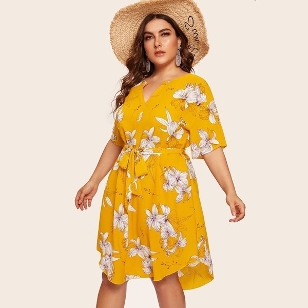 

Plus Floral Print Self Tie Curved Hem Dress
