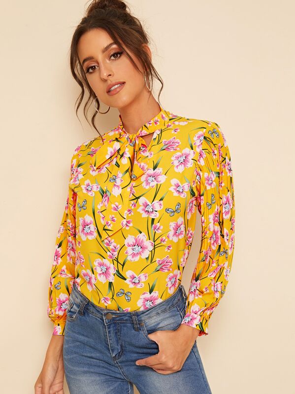 

Floral Print Pleated Sleeve Tie Neck Top, Yellow, Mary P.