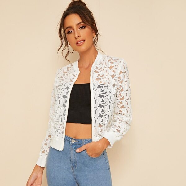 

Zip Up Sheer Embroidered Mesh Bomber Jacket, White