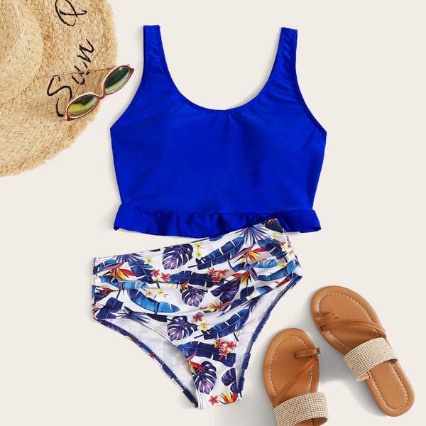 

Frill Trim Top With Tropical Bikini Set