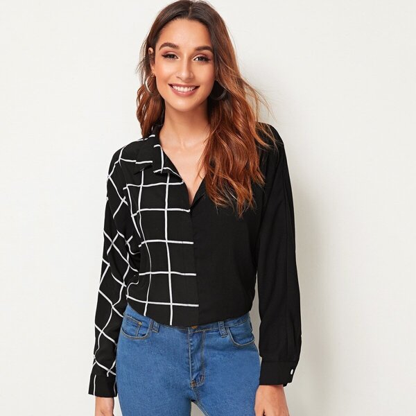 

Contrast Grid Curved Hem Blouse, Black