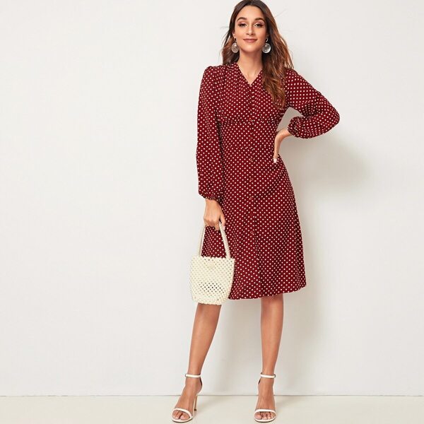 

Polka Dot Button Front Shirred Back Tea Dress
