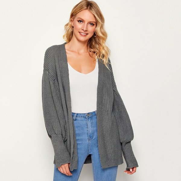 

Solid Open Front Bishop Sleeve Sweater Coat, Grey