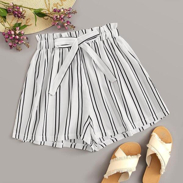 

Striped Knot Front Paperbag Waist Shorts, White