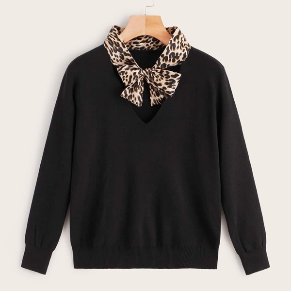 

Contrast Leopard Tie Neck Jumper, Black