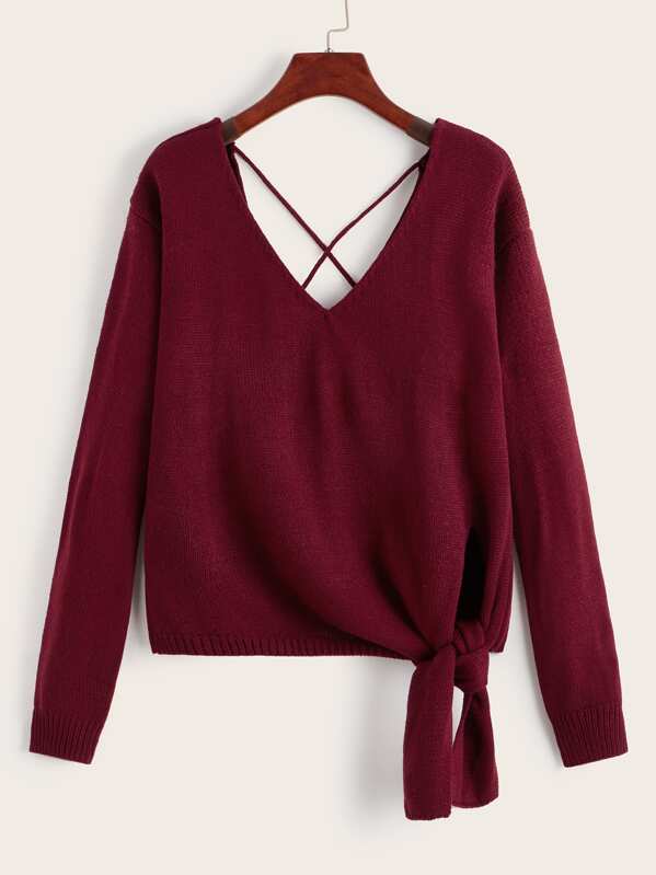

Solid Criss Cross Knot Hem Jumper, Burgundy