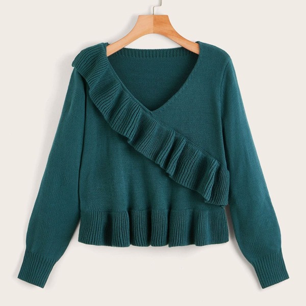 

Solid Ruffle Trim V-neck Jumper, Green