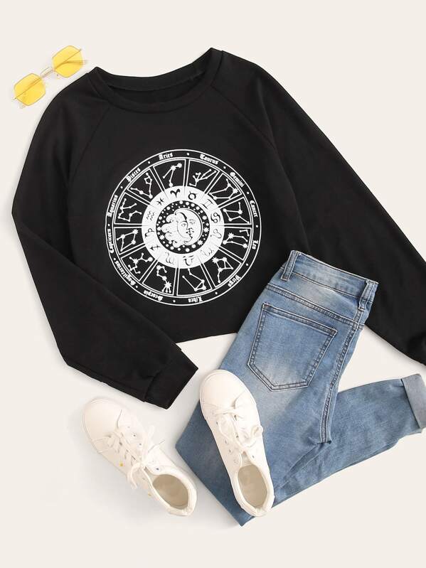 

Constellation Print Raglan Sleeve Sweatshirt, Black