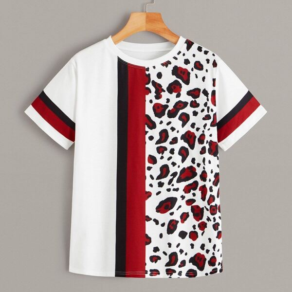 

Contrast Leopard Print Striped Sleeve Tee