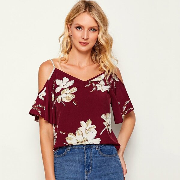

Large Floral Open Shoulder Top, Burgundy