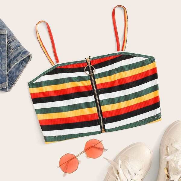 

Rainbow Striped Zip Up Crop Cami Top