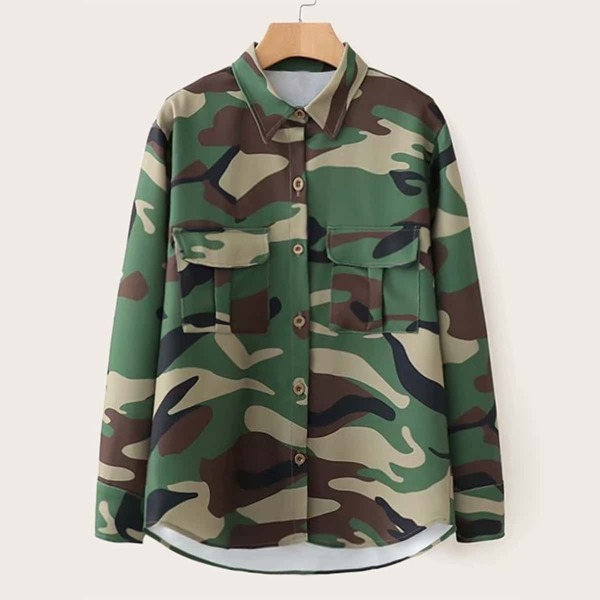 

Camo Print Double Pocket Curved Hem Blouse