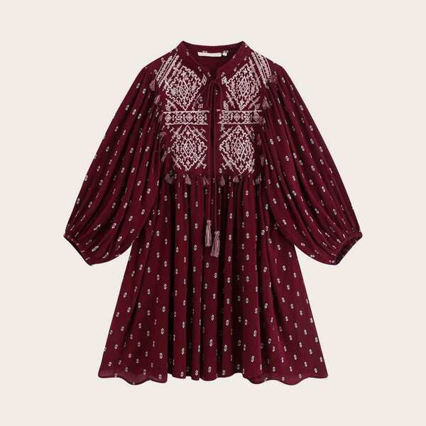 

Tribal Print Embroidered Fringe Dress