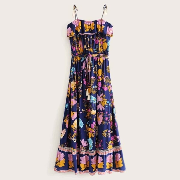 

Floral Print Drawstring Waist Ruffle Hem Dress