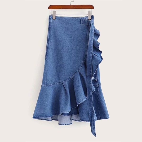 

Ruffle Hem Asymmetrical Denim Skirt