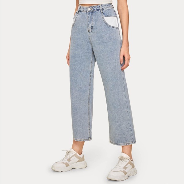 

Button Waist Contrast Pocket Jeans Without Belt