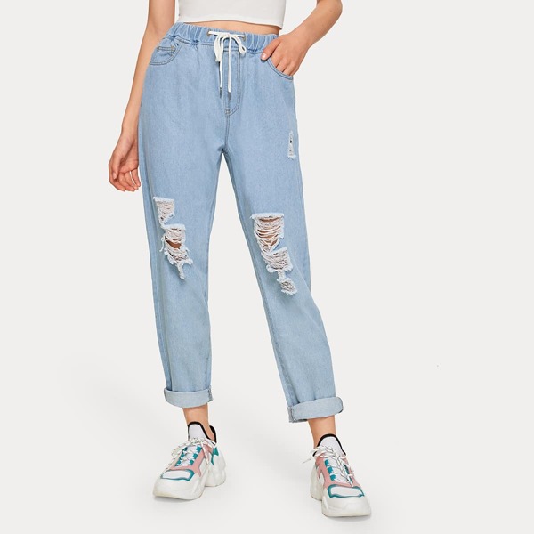 

Drawstring Waist Distressed Ripped Boyfriend Jeans