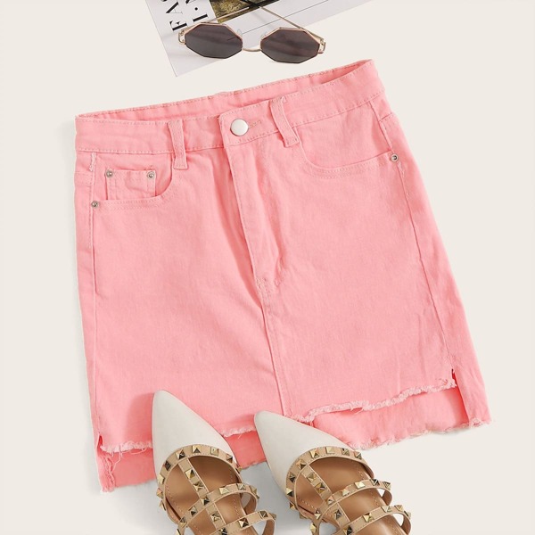 

Button Waist Raw Hem Dip Hem Denim Skirt