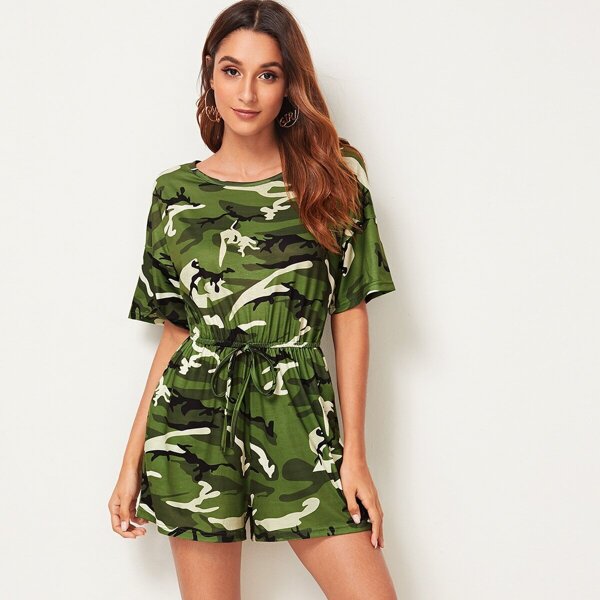 

Camouflage Print Drawstring Waist Romper